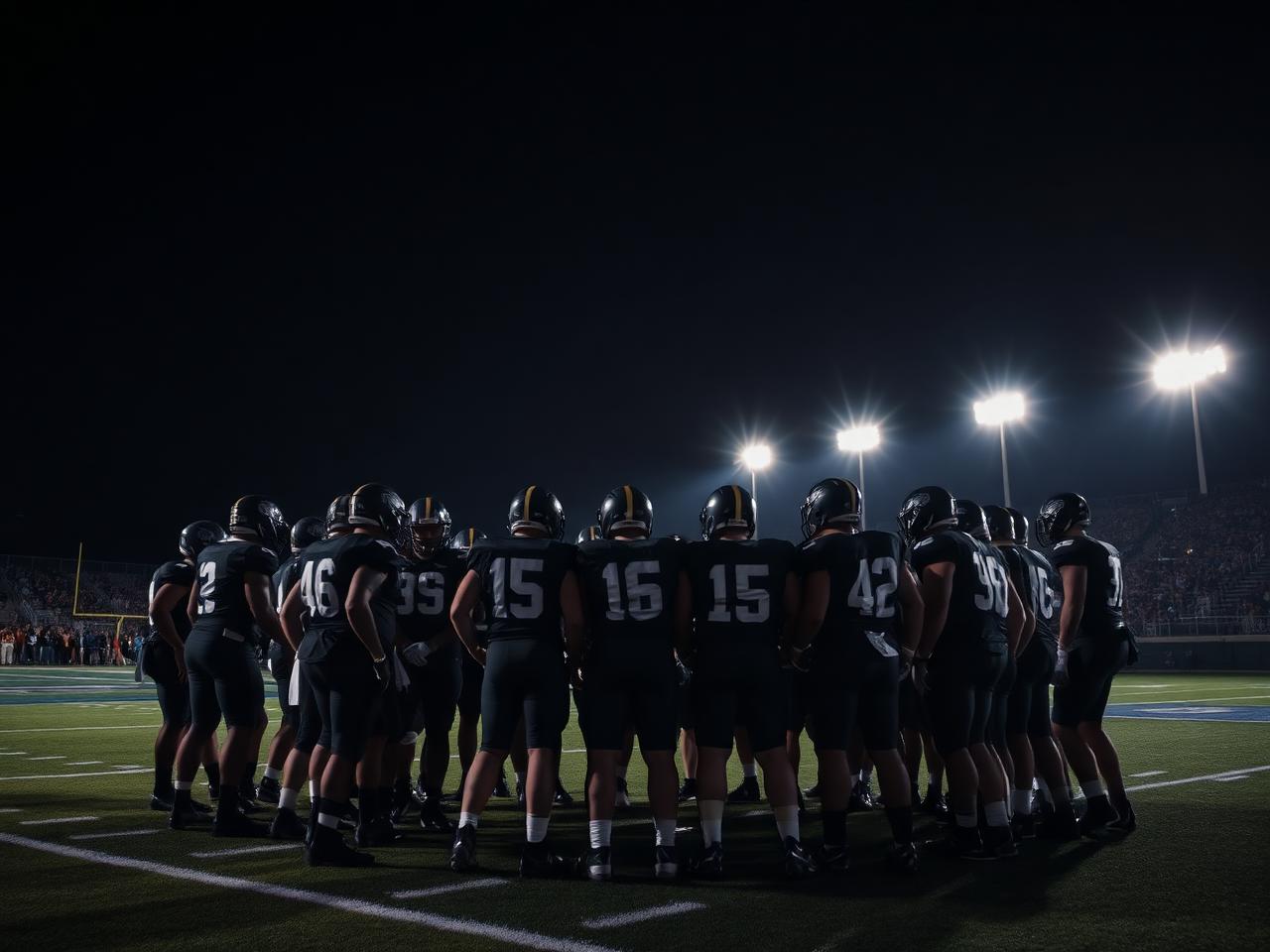 Equipo en huddle bajo las luces del estadio