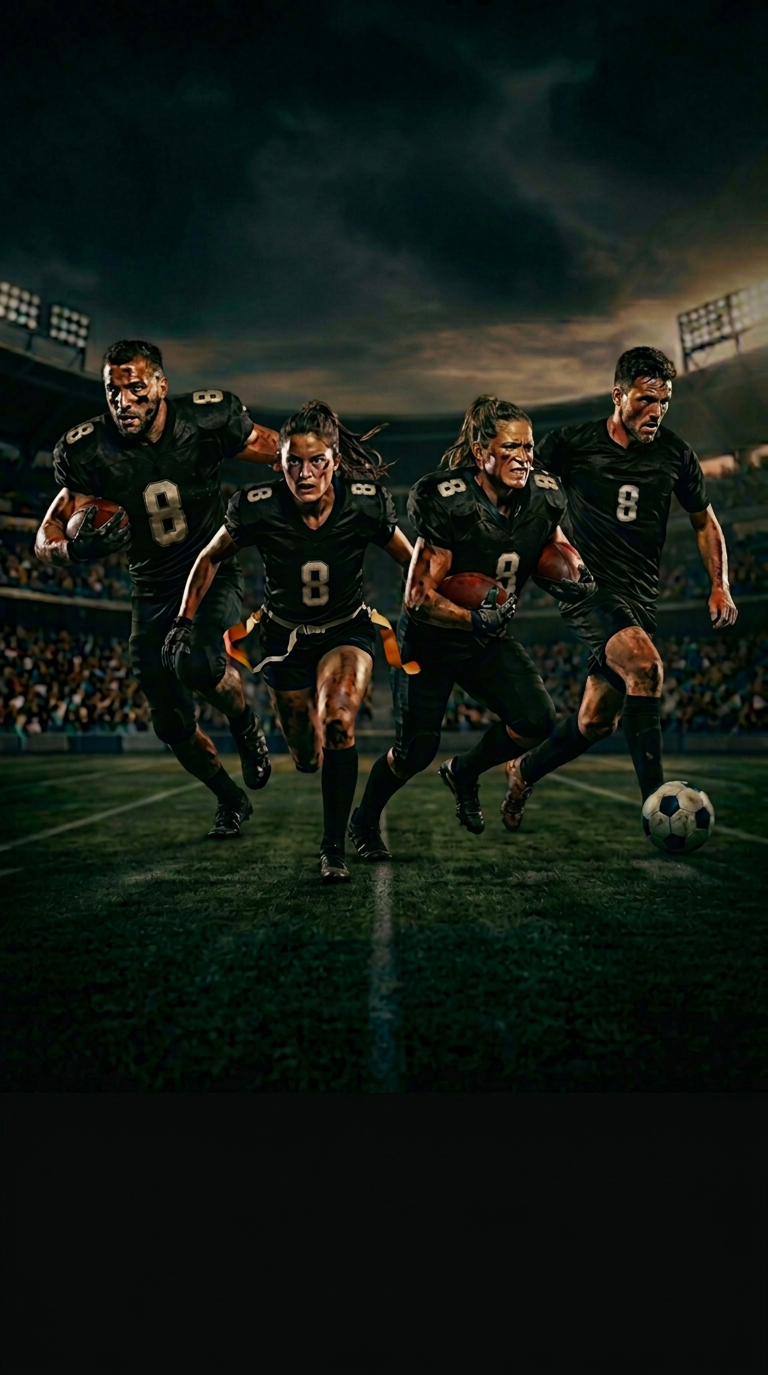 Equipo en formación bajo las luces del estadio